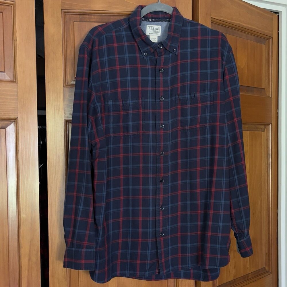 L.L. Bean Slightly Fitted Navy Red Blue Plaid Flannel Shirt Mens Large - Tall